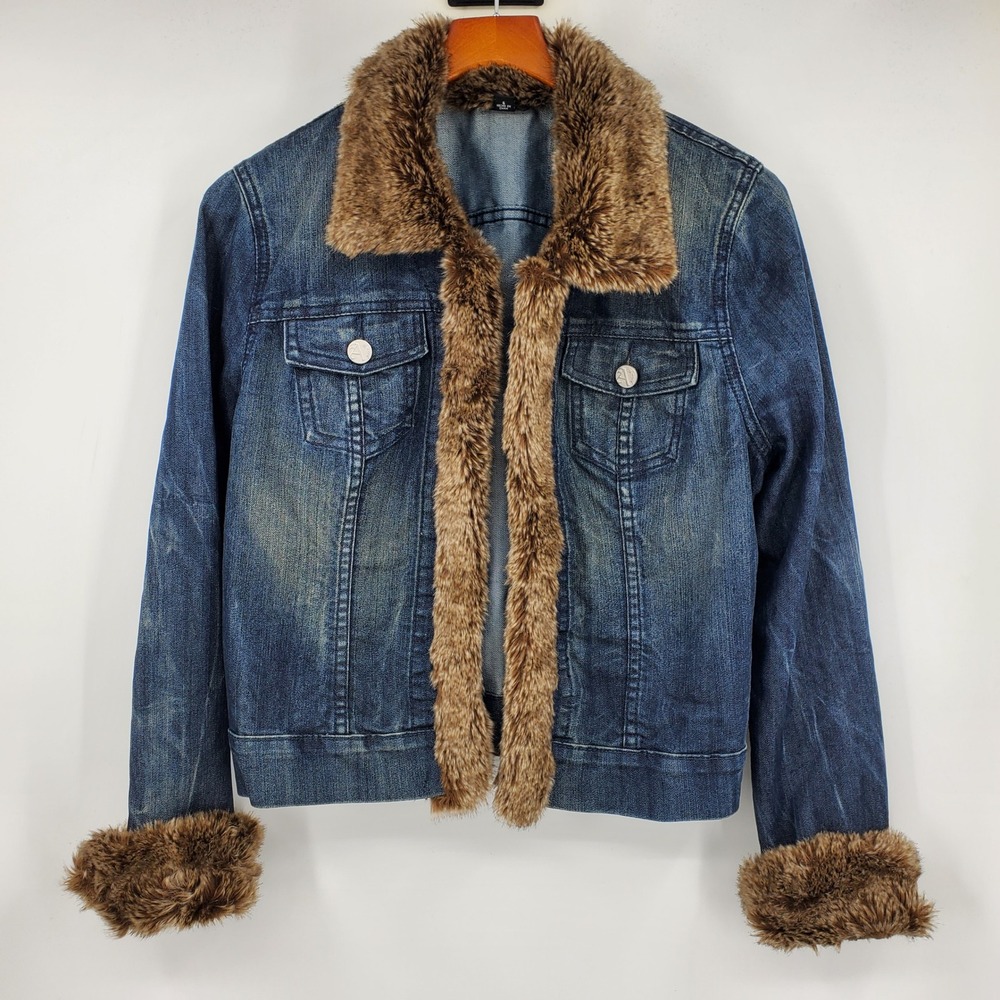 Y2K Allen Schwartz Faux Fur Trim Denim Jacket Bratz 2000s Western Boho McBling